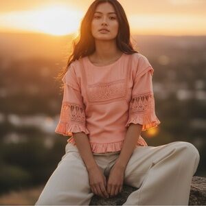 Anthropologie Tiny Blouse XS Peach Boho Top Crochet Detail Raw Edges Coastal